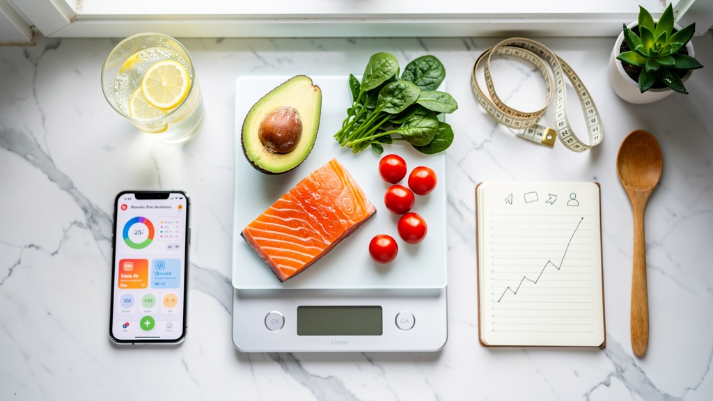 Calorie Deficit Weight Loss Guide - Food scale with healthy keto foods and weight loss tracking